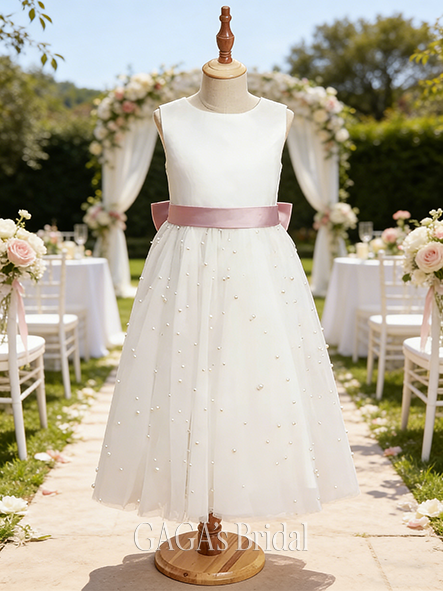A-line Lavish Scoop Tea-Length Satin Tulle Flower Girl Dress With Sash Bow Beading