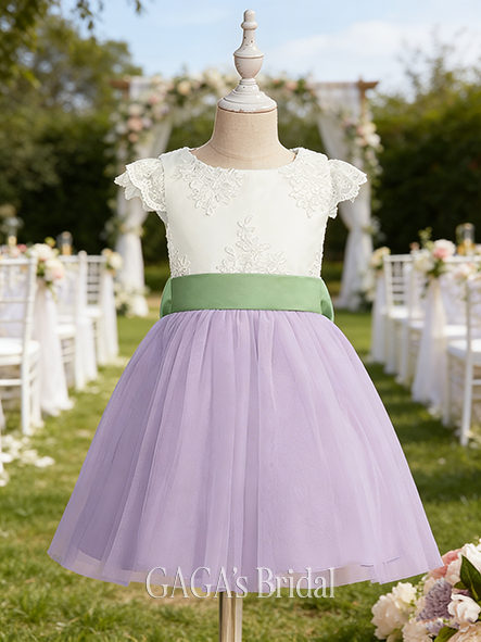 A-line Refined Scoop Knee-Length Tulle Lace Flower Girl Dress With Sash Bow