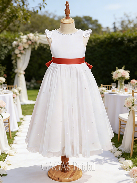 A-line Stunning Scoop Tea-Length Satin Flower Girl Dress With Beading Sash