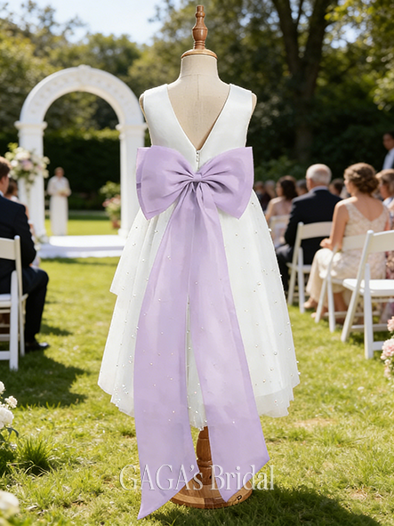 A-line Lavish Scoop Tea-Length Satin Tulle Flower Girl Dress With Sash Beading Bow