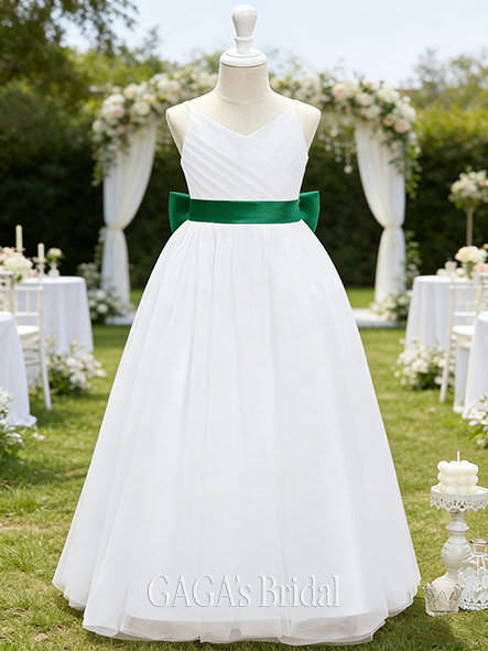 A-line Elegant V-Neck Floor-Length Satin Tulle Flower Girl Dress With Sash