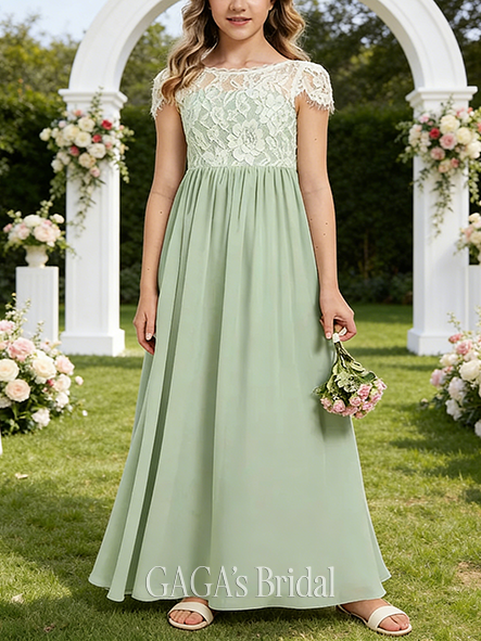 A-line Refined Scoop Floor-Length Chiffon Lace Junior Bridesmaid Dress
