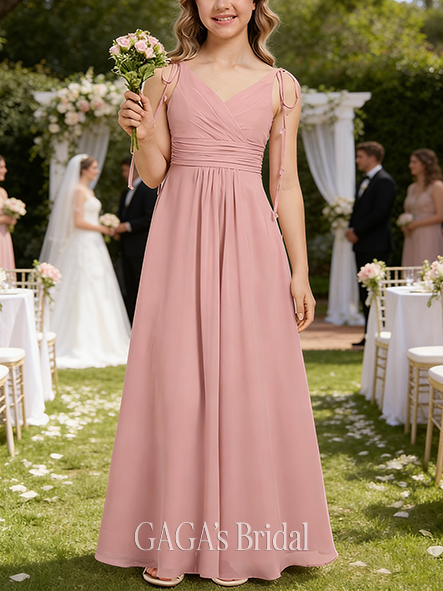 A-line Elegant V-Neck Floor-Length Chiffon Junior Bridesmaid Dress