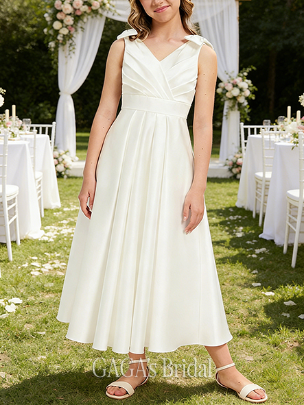 A-line Polished V-Neck Ankle-Length Satin Junior Bridesmaid Dress