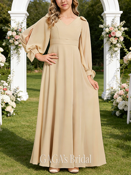 A-line Charming V-Neck Floor-Length Chiffon Junior Bridesmaid Dress With Bow