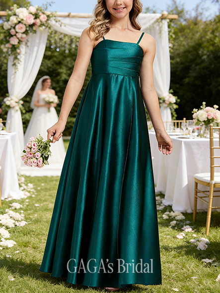 A-line Polished Square Floor-Length Stretch Satin Junior Bridesmaid Dress