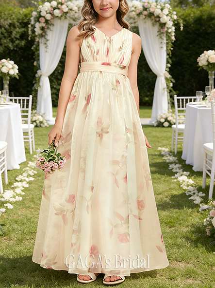 A-line Feminine V-Neck Floor-Length Floral Junior Bridesmaid Dress