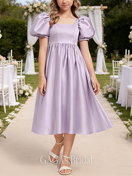 A-line Timeless Square Tea-Length Satin Junior Bridesmaid Dress