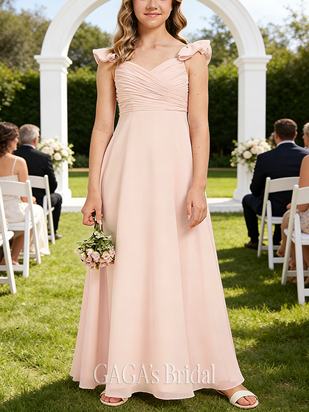 A-line Elegant V-Neck Floor-Length Chiffon Junior Bridesmaid Dress
