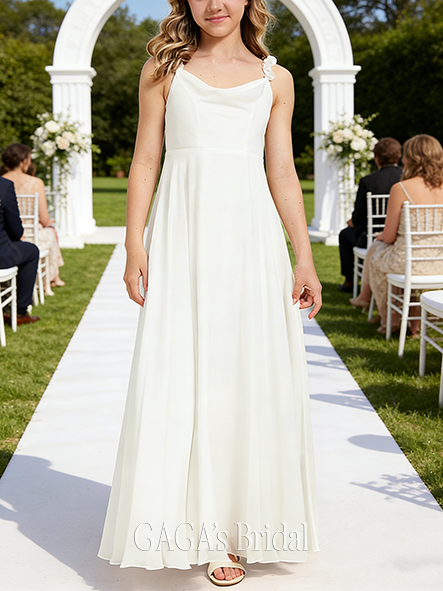 A-line Grand Cowl Floor-Length Chiffon Junior Bridesmaid Dress With Cascading Ruffles
