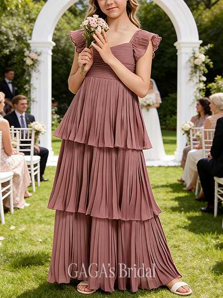 A-line Structured V-Neck Floor-Length Chiffon Junior Bridesmaid Dress With Pleated