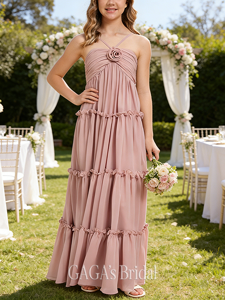 A-line Blossomy Halter Floor-Length Chiffon Junior Bridesmaid Dress With 3D Floral