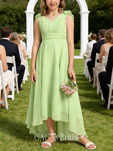 A-line Stylish V-Neck Asymmetrical Chiffon Junior Bridesmaid Dress