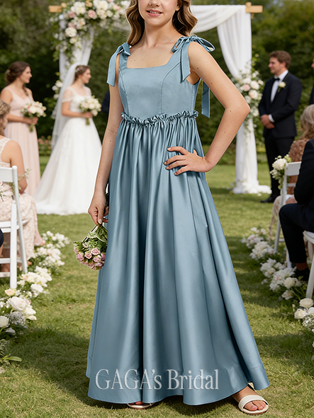 A-line Polished Square Floor-Length Matte Satin Junior Bridesmaid Dress