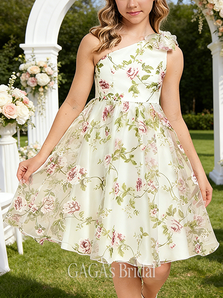 A-line Floral One Shoulder Knee-Length Floral Junior Bridesmaid Dress