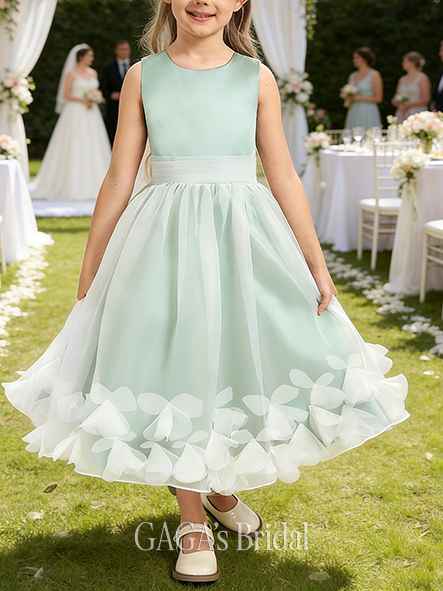 A-line Whimsical Scoop Tea-Length Satin Organza Flower Girl Dress With 3D Floral