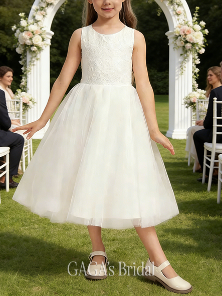 A-line Charming Scoop Tea-Length Tulle Lace Flower Girl Dress With Bow