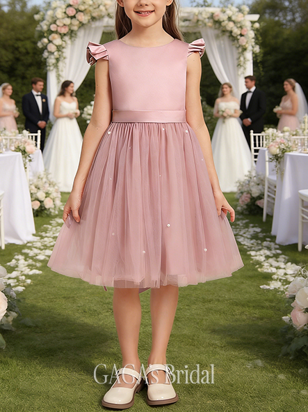 A-line Stunning Scoop Knee-Length Satin Tulle Flower Girl Dress With Bow Beading
