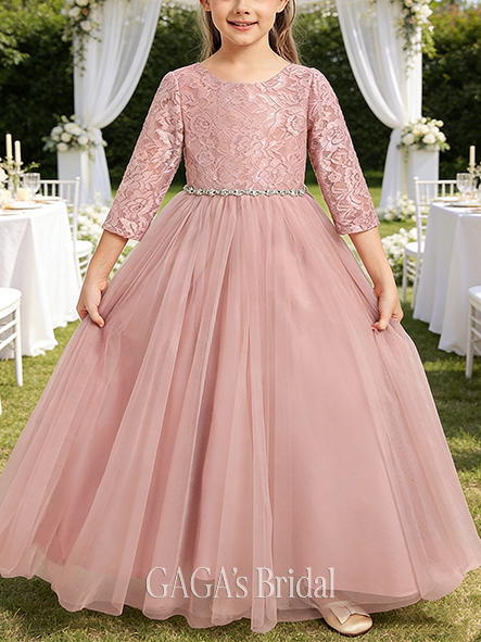 A-line Beaded Scoop Floor-Length Tulle Flower Girl Dress With Beading