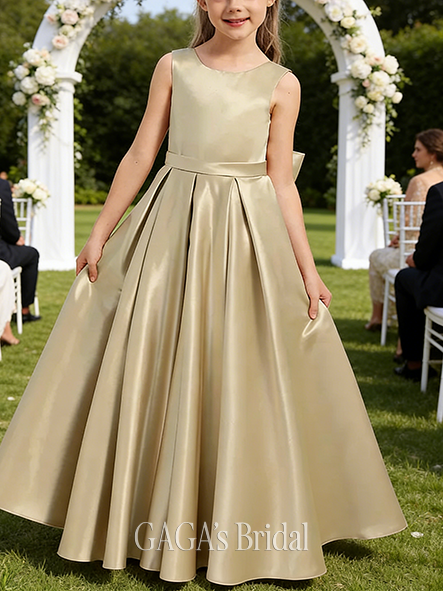 A-line Classic Scoop Floor-Length Satin Flower Girl Dress With Bow
