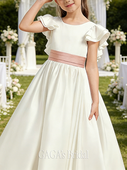 A-line Smooth Scoop Floor-Length Matte Satin Flower Girl Dress With Bow