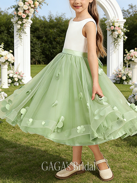 A-line Whimsical Scoop Tea-Length Tulle Satin Flower Girl Dress With Bow 3D Floral