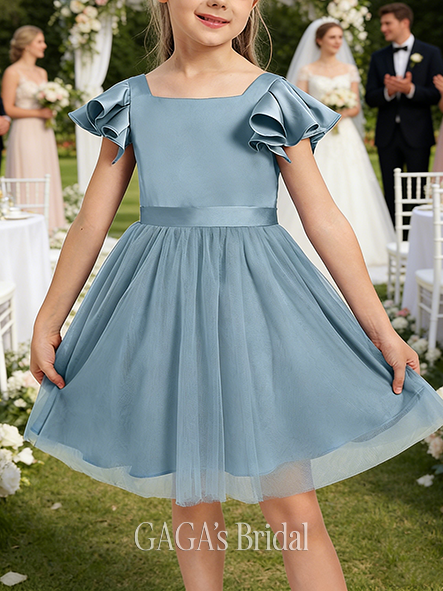 A-line Smooth Square Knee-Length Tulle Matte Satin Flower Girl Dress With Bow