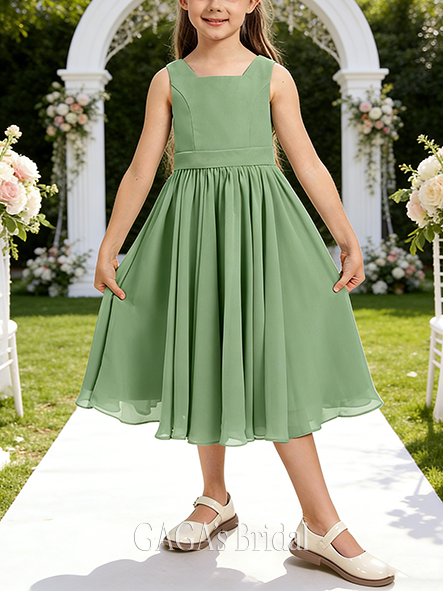 A-line Airy Square Tea-Length Chiffon Flower Girl Dress