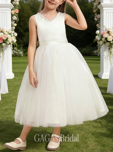 A-line Graceful V-Neck Tea-Length Tulle Satin Flower Girl Dress With Bow