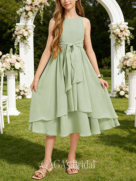 A-line Lightweight Scoop Tea-Length Chiffon Junior Bridesmaid Dress
