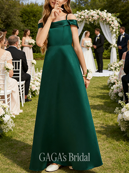 A-line Modern Cold Shoulder Floor-Length Satin Junior Bridesmaid Dress