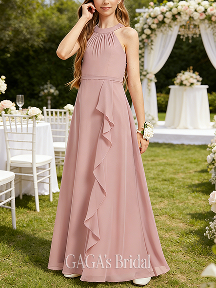 A-line Fresh Halter Floor-Length Chiffon Junior Bridesmaid Dress