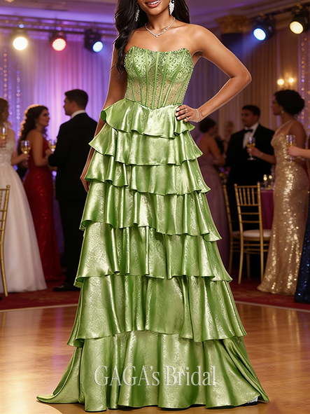 A-line Luxe Scoop Sweep Train Metallic Prom Dresses With Rhinestone Beading