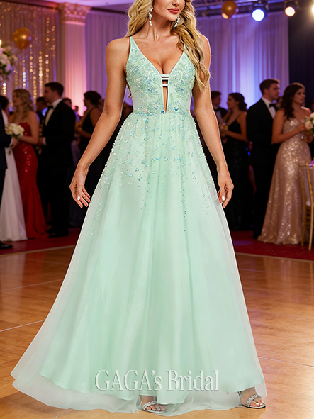 A-line Enchanted V-Neck Floor-Length Tulle Prom Dresses With Beading Sequins