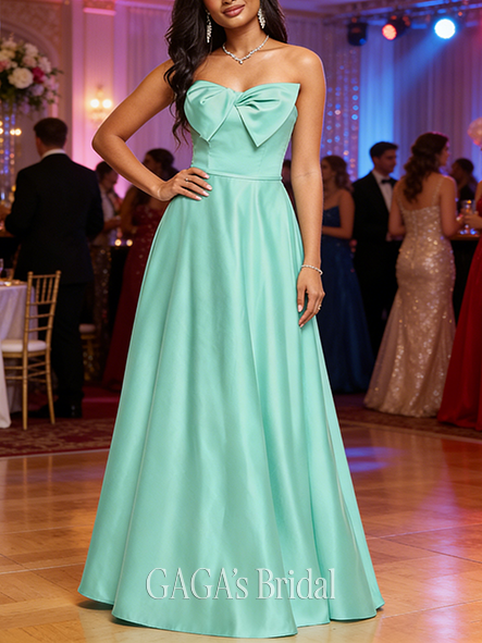 A-line Blush Sweetheart Floor-Length Satin Prom Dresses With Bow