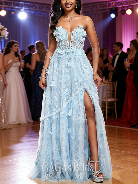 A-line Delicate V-Neck Sweep Train Lace Prom Dresses With Beading 3D Floral Sequins