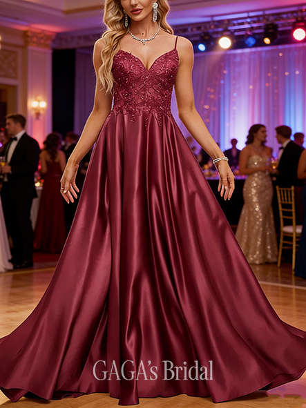 A-line Rhinestone-Studded V-Neck Sweep Train Satin Prom Dresses With Rhinestone