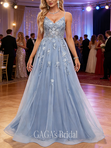 A-line Tulle V-Neck Floor-Length Tulle Prom Dresses