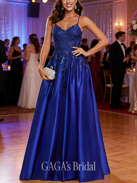 A-line Satin-Lace V-Neck Floor-Length Satin Lace Prom Dresses With Sequins