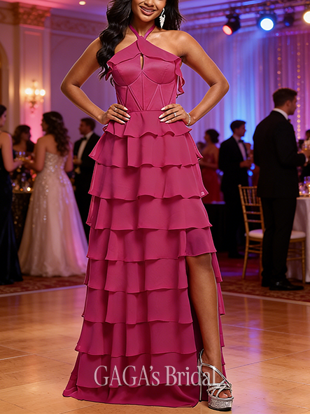 A-line Airy Halter Floor-Length Chiffon Prom Dresses With Cascading Ruffles