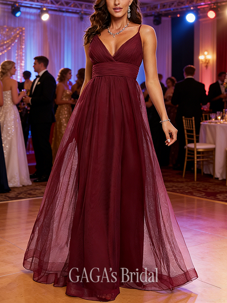 A-line Tulle V-Neck Floor-Length Tulle Prom Dresses