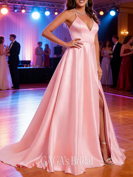 A-line Sophisticated V-Neck Sweep Train Satin Prom Dresses