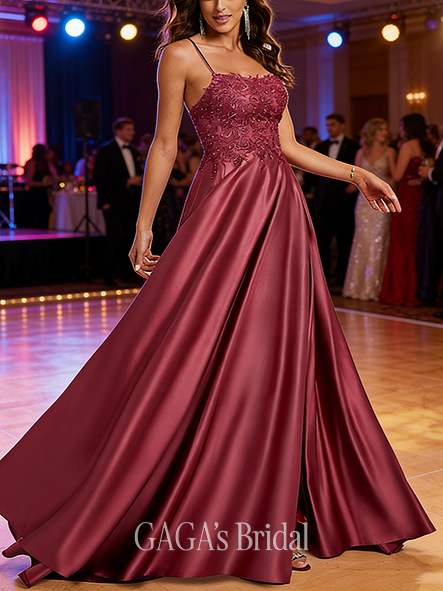 A-line Rhinestone-Studded Square Sweep Train Satin Prom Dresses With Rhinestone