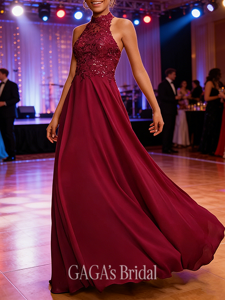 A-line Sequined Halter Floor-Length Lace Chiffon Prom Dresses With Sequins