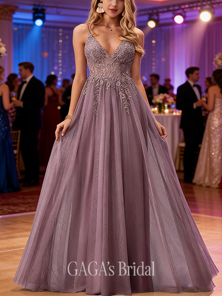 A-line Beaded V-Neck Floor-Length Lace Tulle Prom Dresses With Beading Sequins