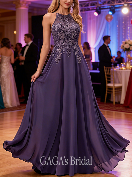 A-line Sequined Scoop Floor-Length Lace Chiffon Prom Dresses With Sequins