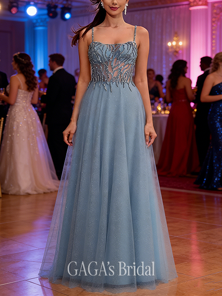 A-line Glimmering Sweetheart Floor-Length Tulle Prom Dresses With Rhinestone Beading Sequins