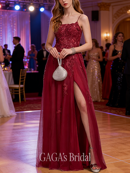 A-line Lace-Sequined Square Floor-Length Tulle Lace Prom Dresses With Sequins