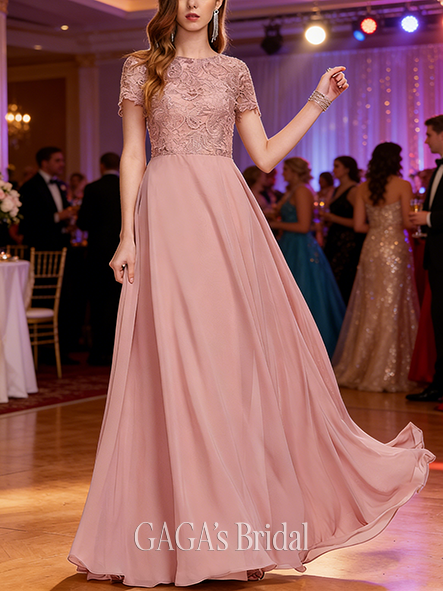 A-line Sequined Scoop Floor-Length Lace Chiffon Prom Dresses With Sequins