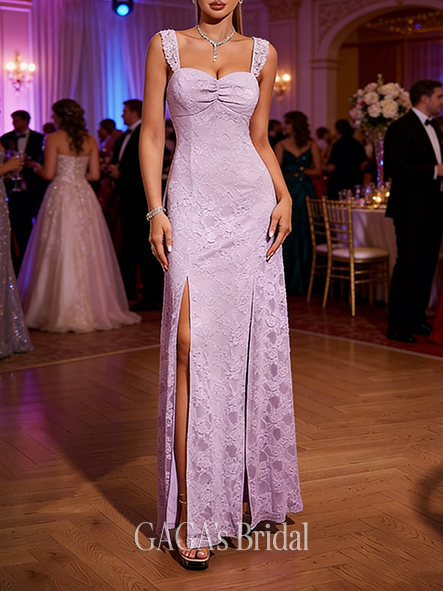 A-line Romantic Sweetheart Floor-Length Lace Prom Dresses